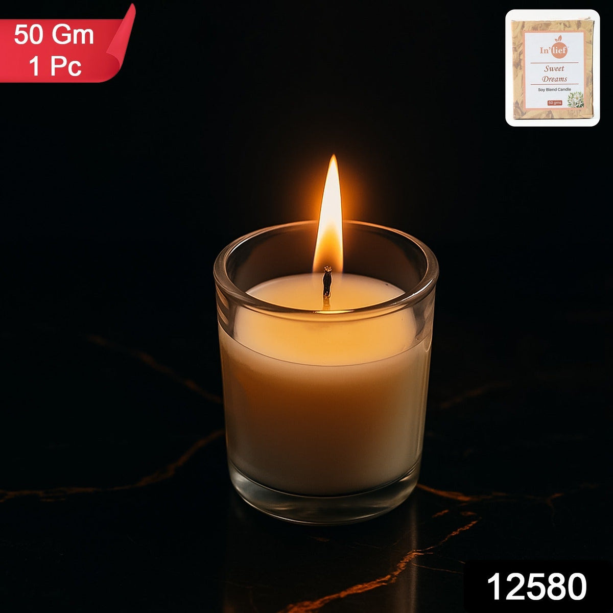 Close-up of the soy blend wax and cotton wick inside the glass votive candle.