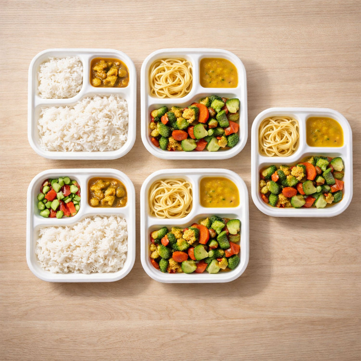Side angle image of heat and oil resistant 3-compartment bagasse square plate