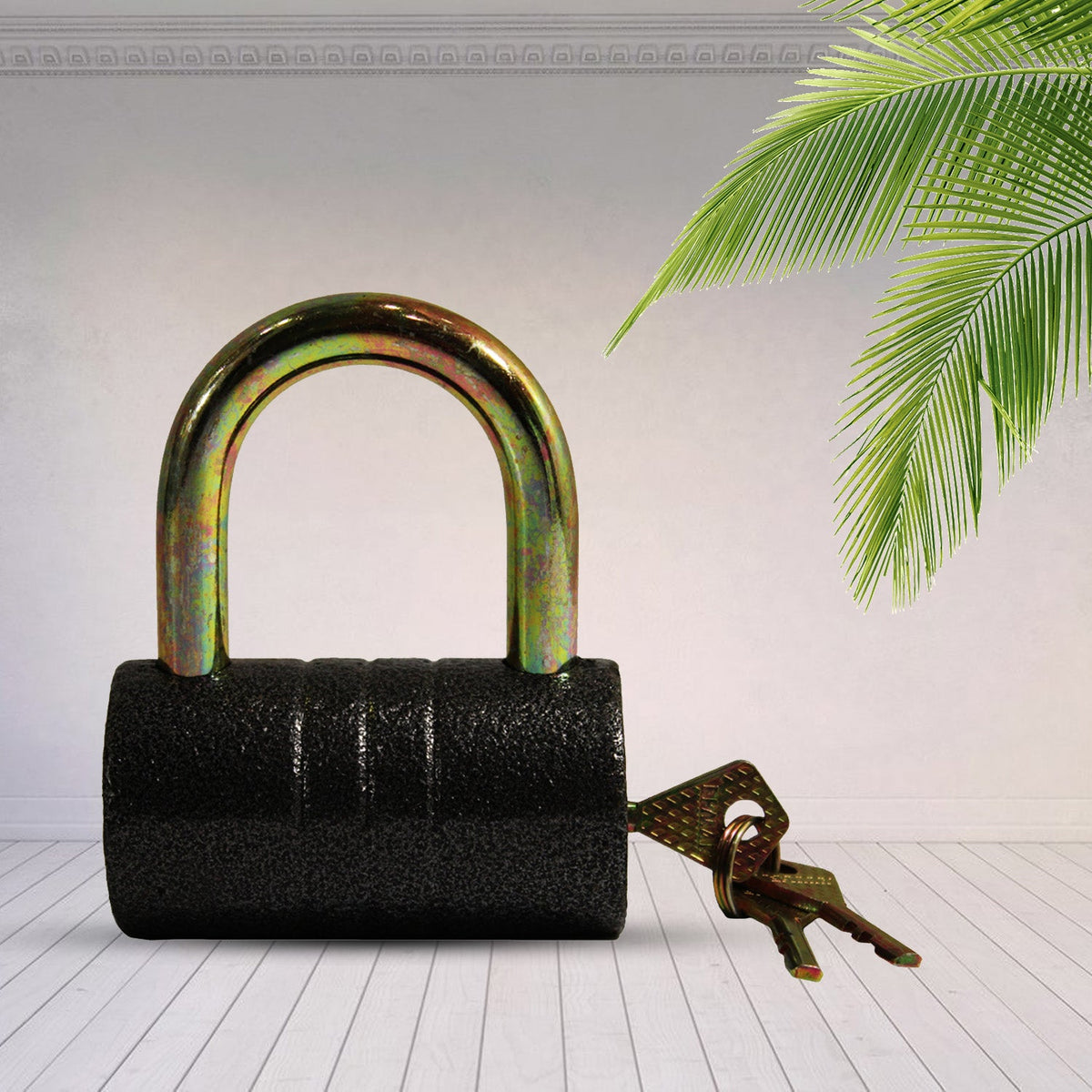 Detailed view of the anti-theft iron padlock, emphasizing its durable black finish.