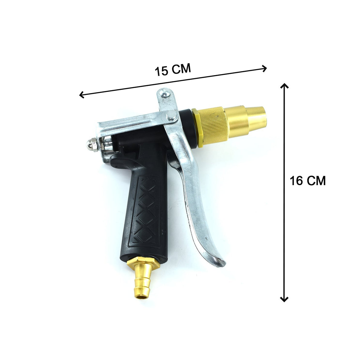 Gold hose nozzle demonstrating powerful jet spray for car washing.