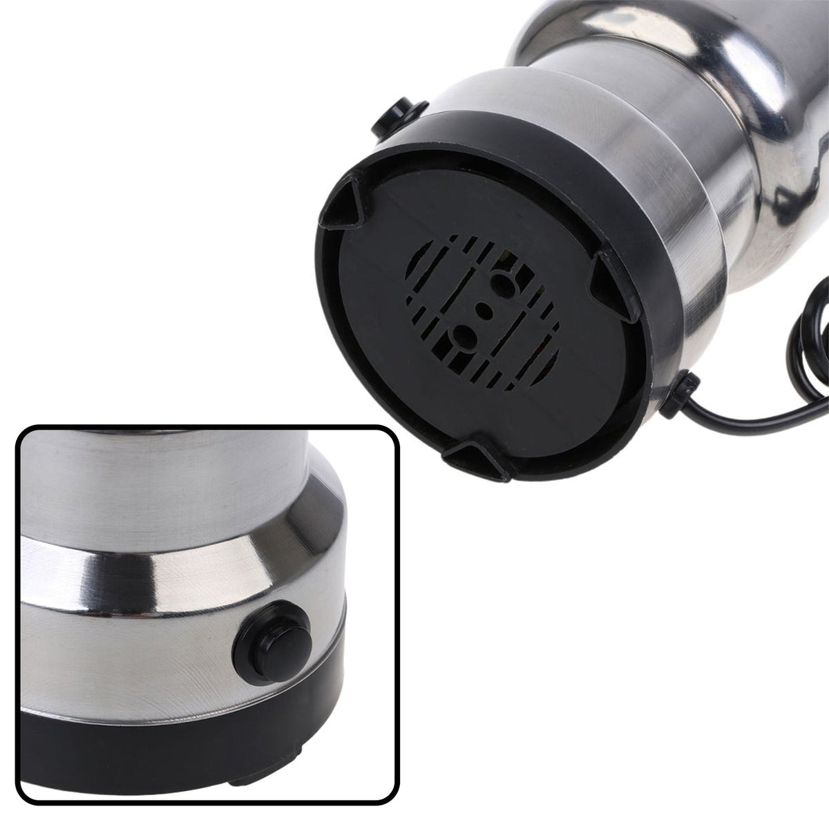 Side view of the ChefAura mini stainless steel grinder, showcasing its compact design.