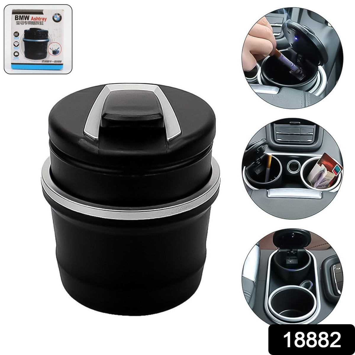 Car ashtray showing lid open for ash disposal