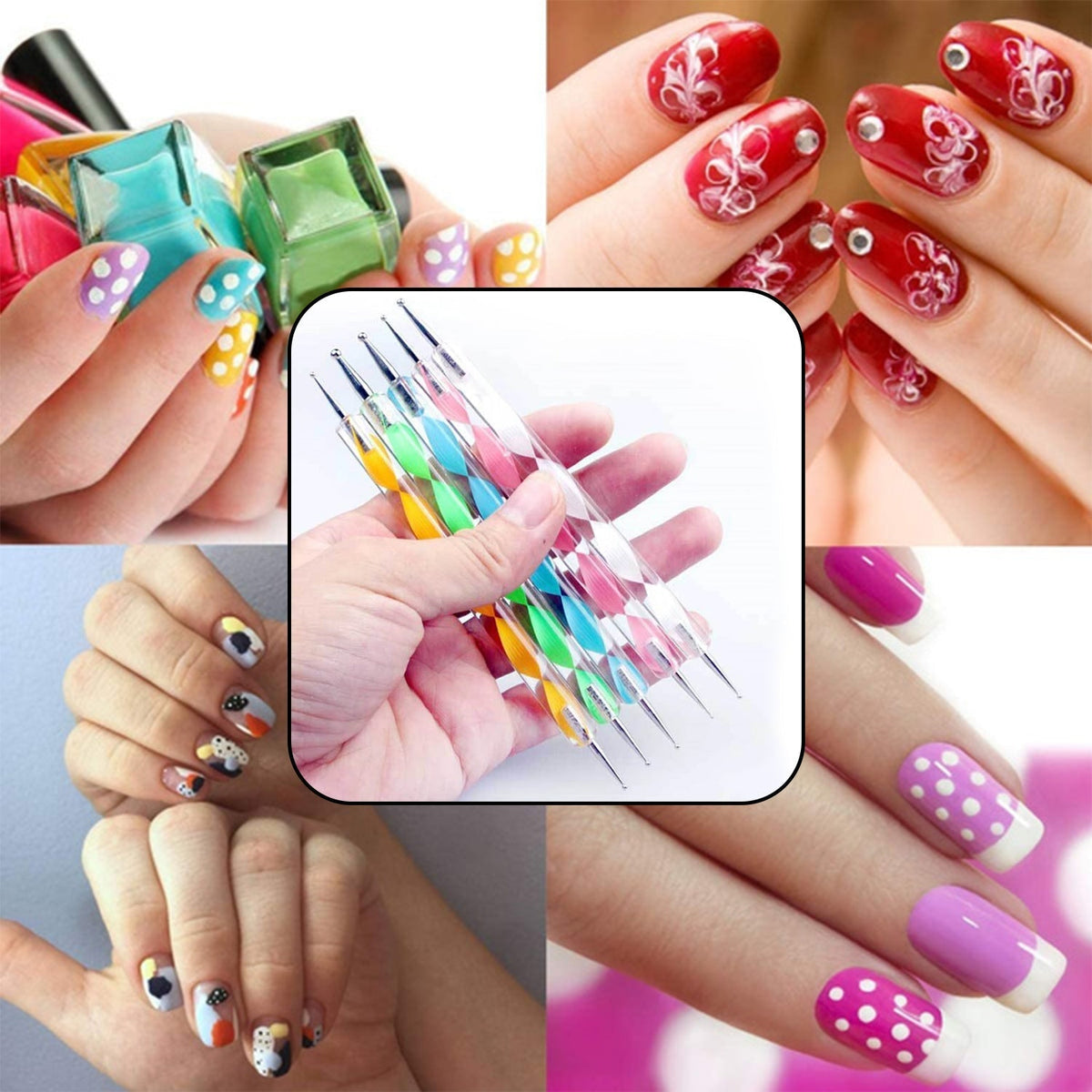 Nail art dotting tool set of 5 pens with colorful tips for women’s nail design.