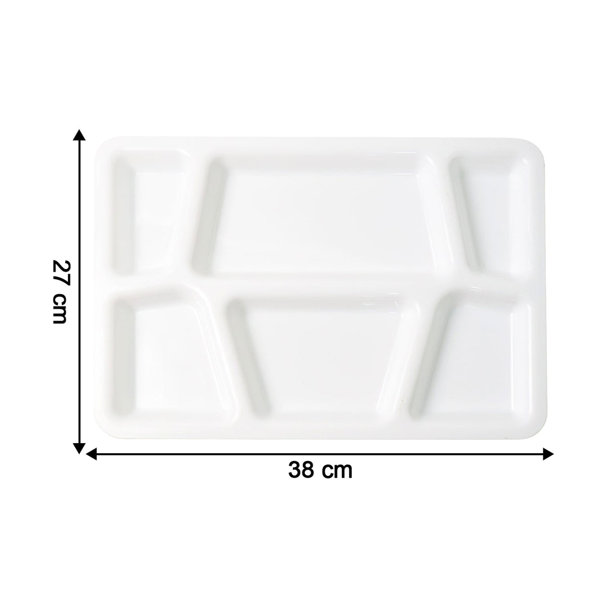 Lightweight plastic meal tray with six compartments for separate servings of food.