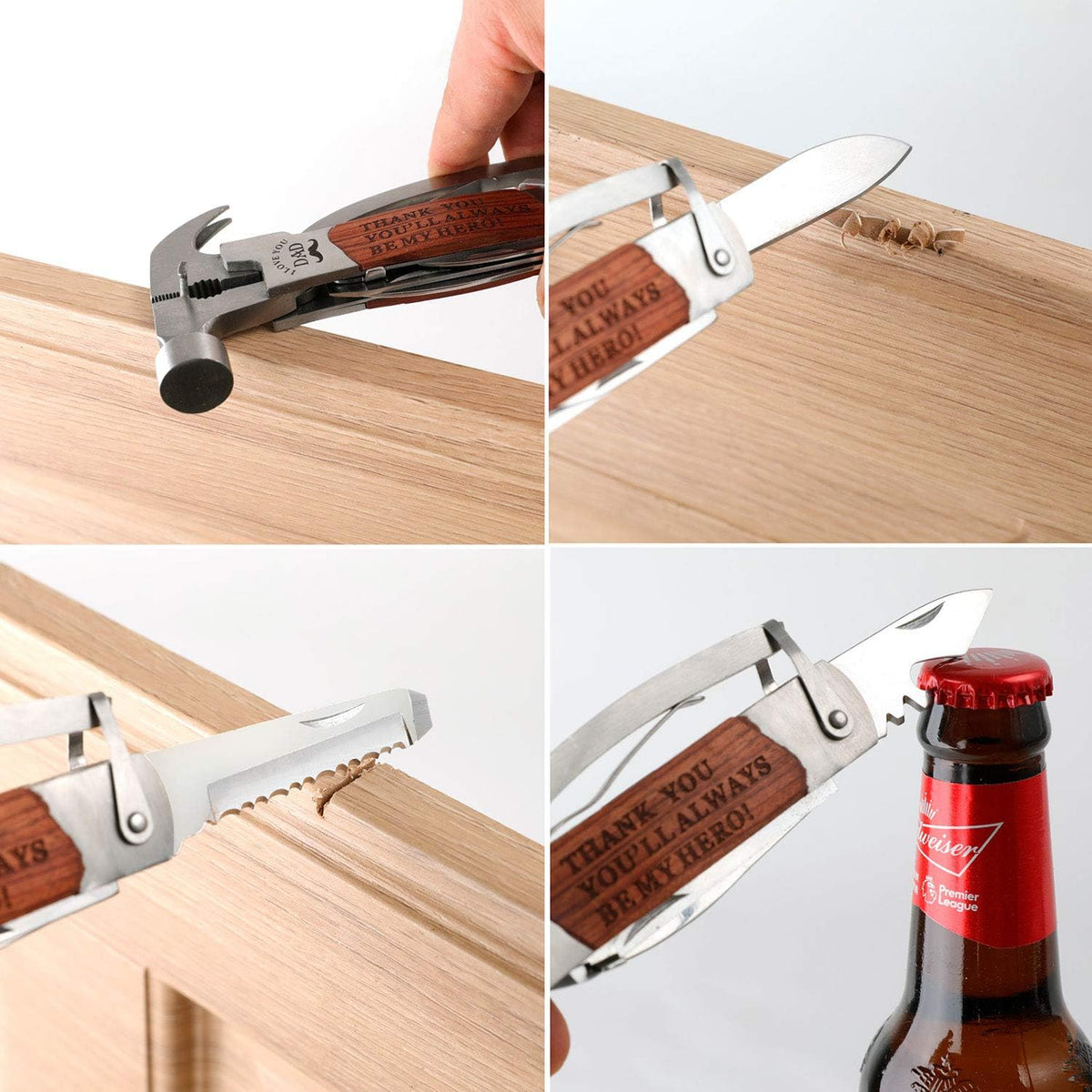 Detail shot of the hammer multitool showcasing its integrated screwdrivers and other tools.