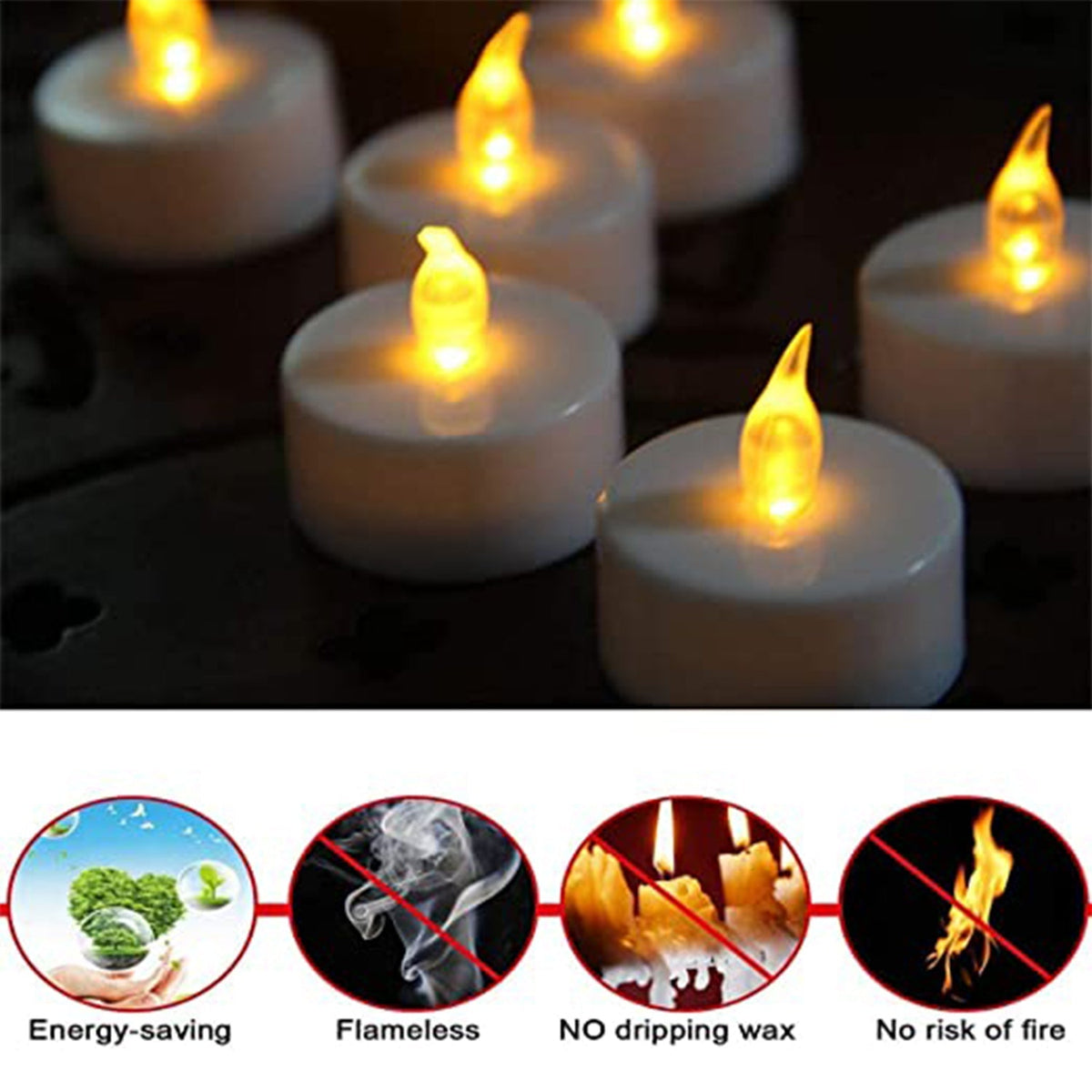 Close-up of battery-operated floating candles in a clear box.