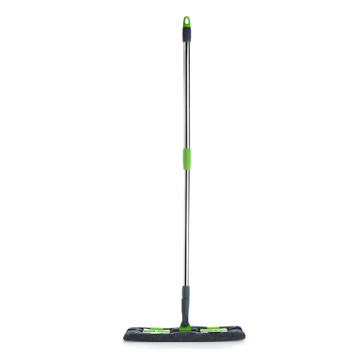 Ergonomic view of the flat mop with microfiber pad, suitable for various hard floor surfaces.