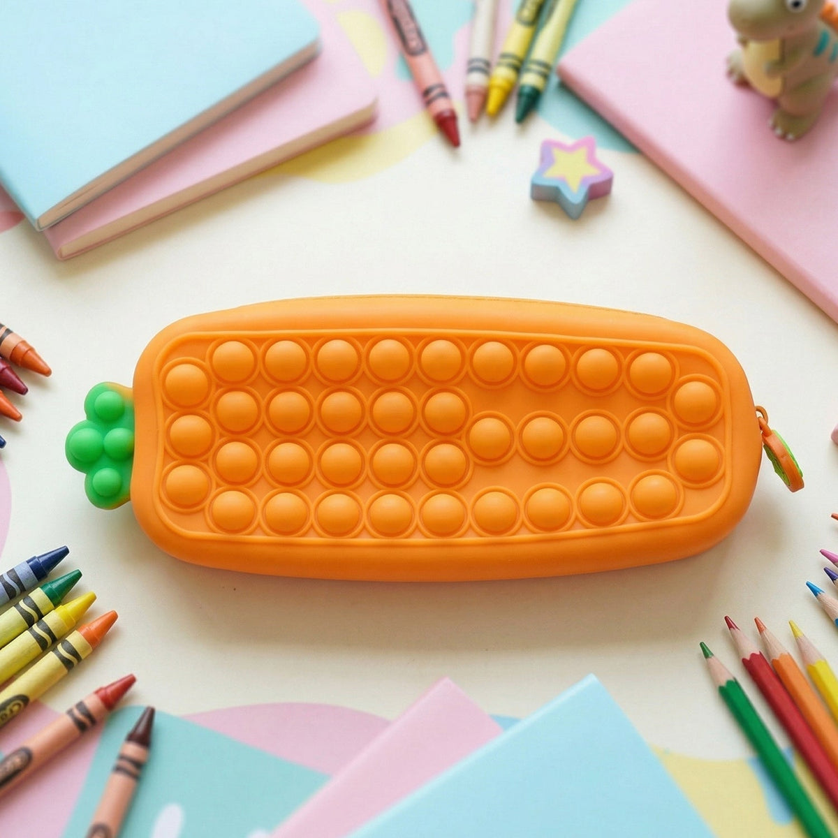 Tactile Pop It surface on silicone pencil pouch