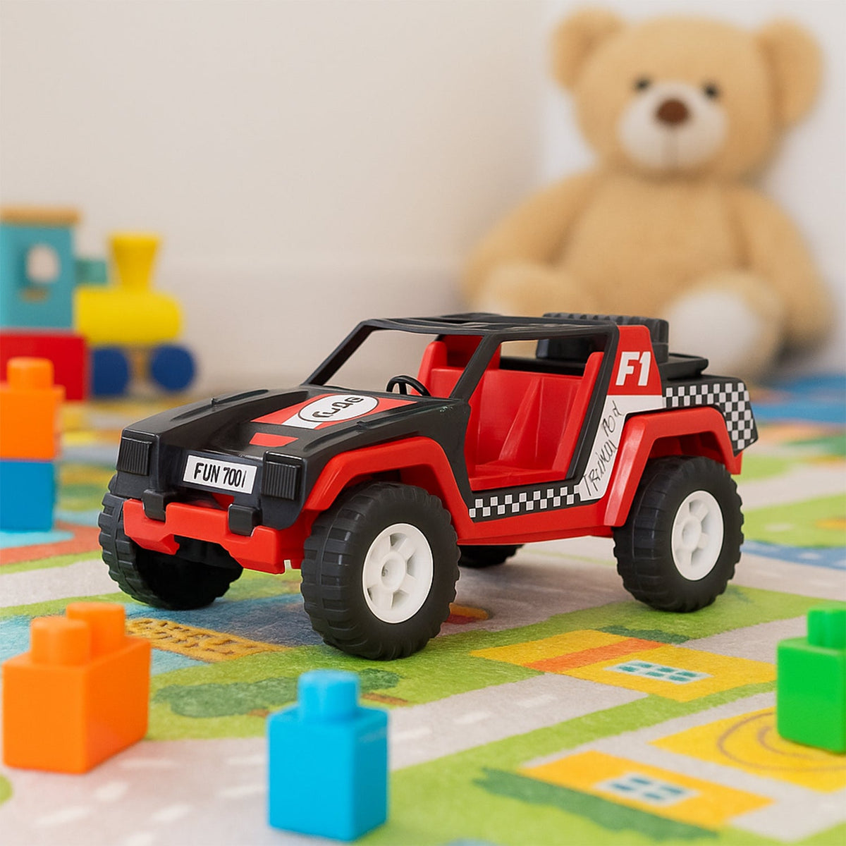 Funwoods racing jeep toy car placed on a white background