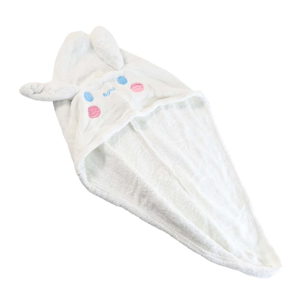 Hooded hair drying cap secured with button loop for easy use