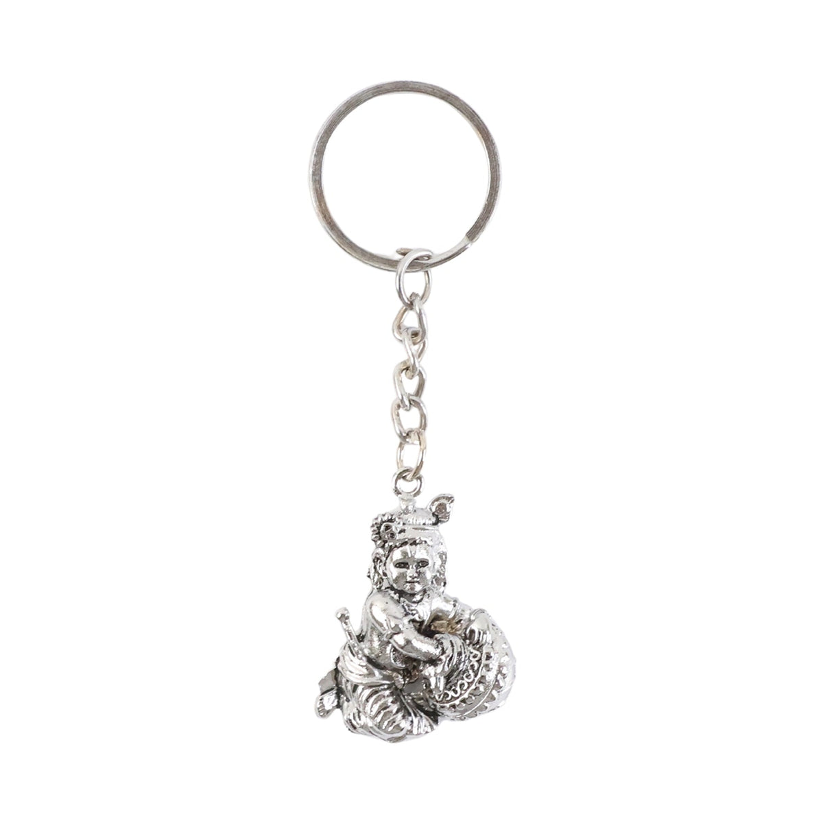 Bal Krishna Makhan Chor keychain displayed against a wooden backdrop