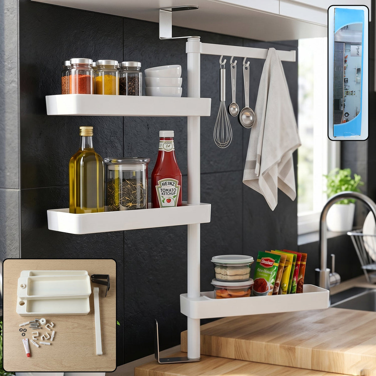 4-tier rotating storage rack organised neatly on kitchen counter