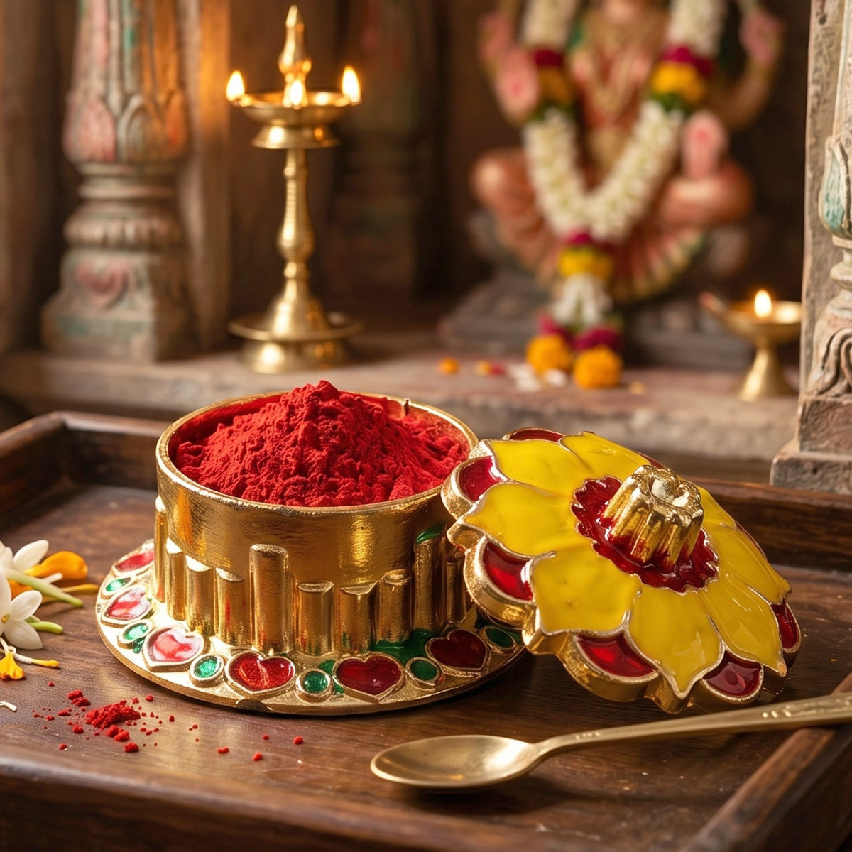 Close-up of ornate kumkum box design for divine rituals