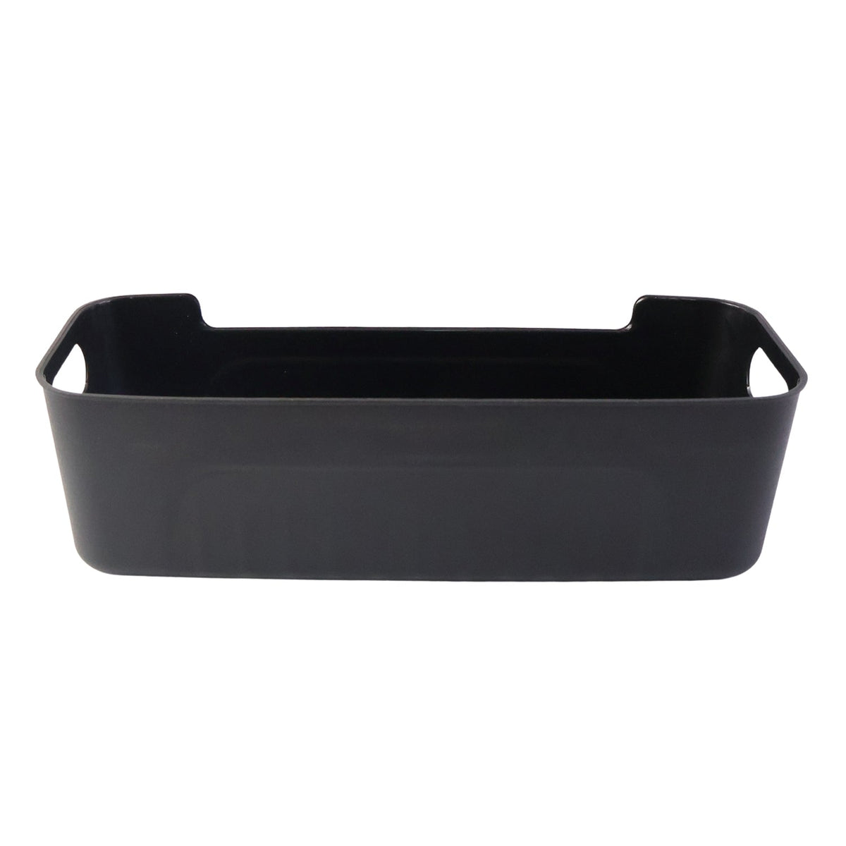 Collection of stackable black plastic storage trays for organizing items