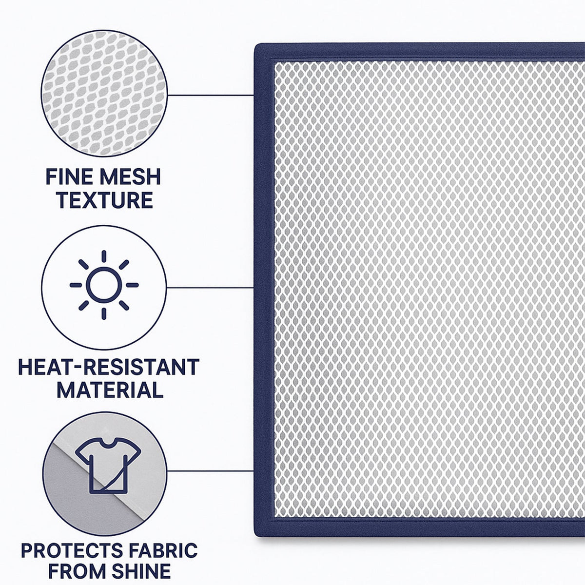 Ironing mesh press cloth protecting dark shirt fabric from iron shine