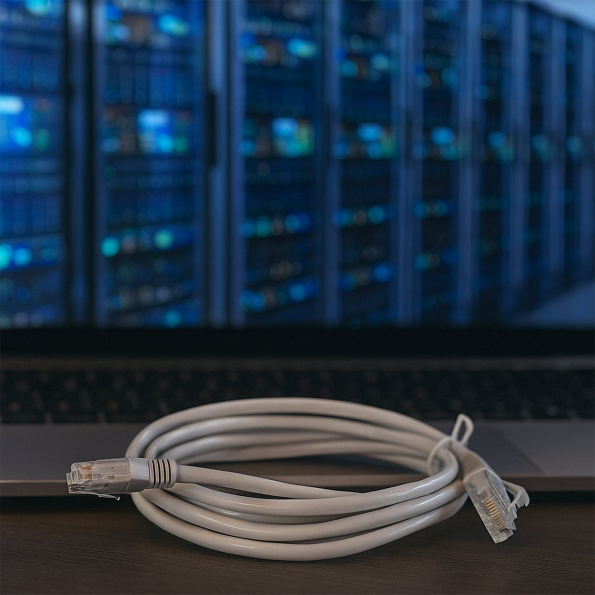 Close-up of RJ45 connector on high-speed Ethernet cable