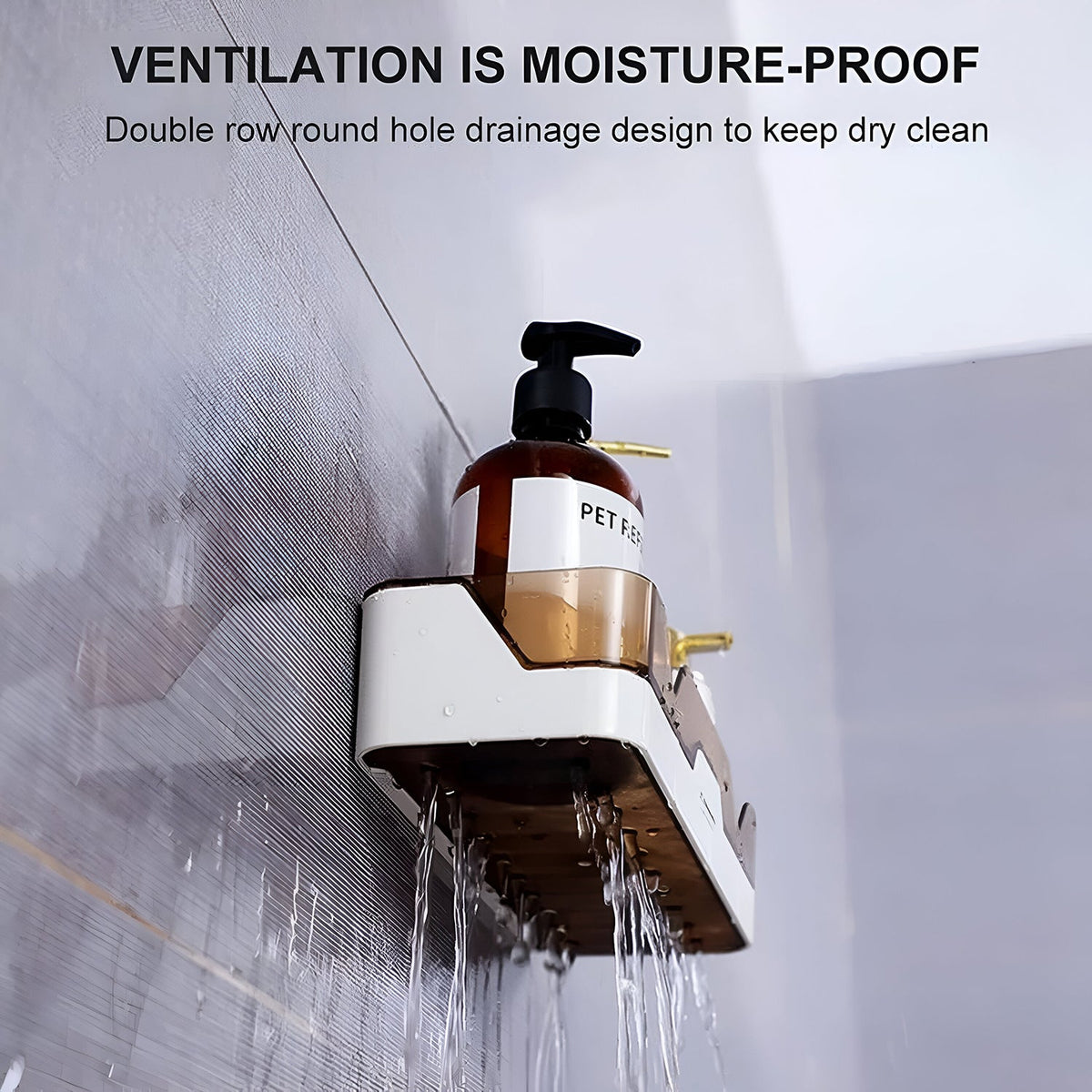 Close-up of self adhesive wall mounted plastic storage shelf