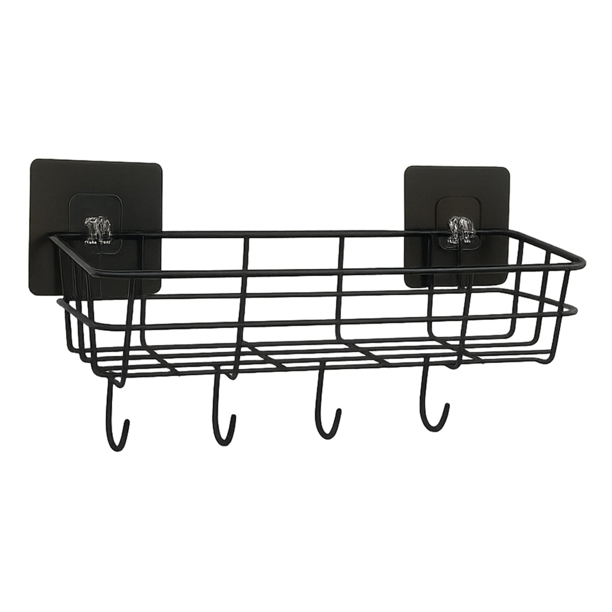 Close-up of basket hooks holding towels and loofahs efficiently