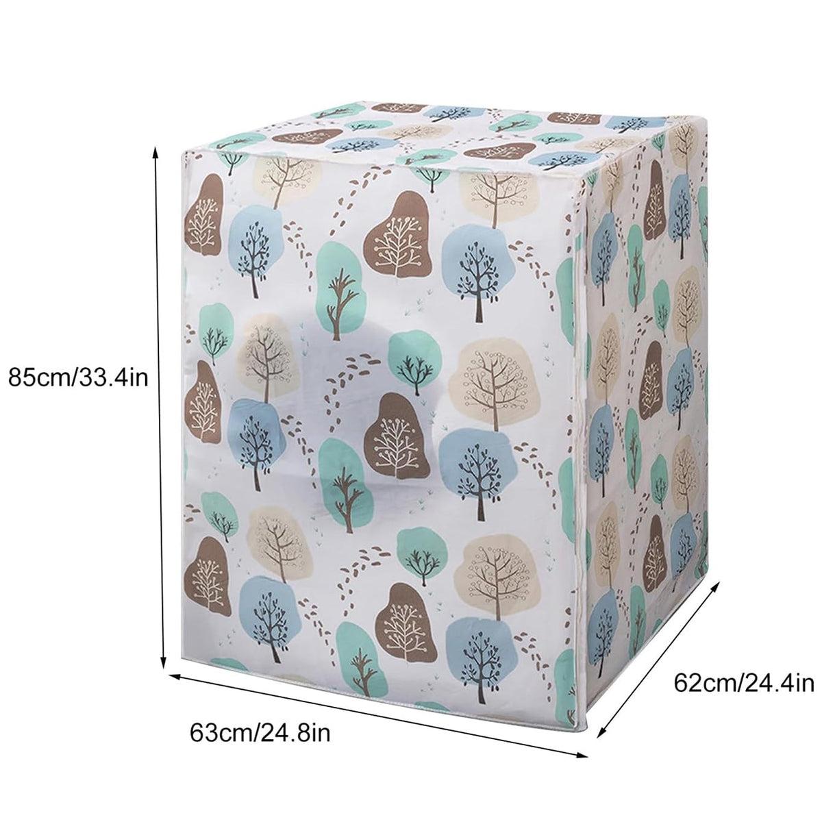 Diagram illustrating the 58x62x85 cm dimensions of the washing machine cover.