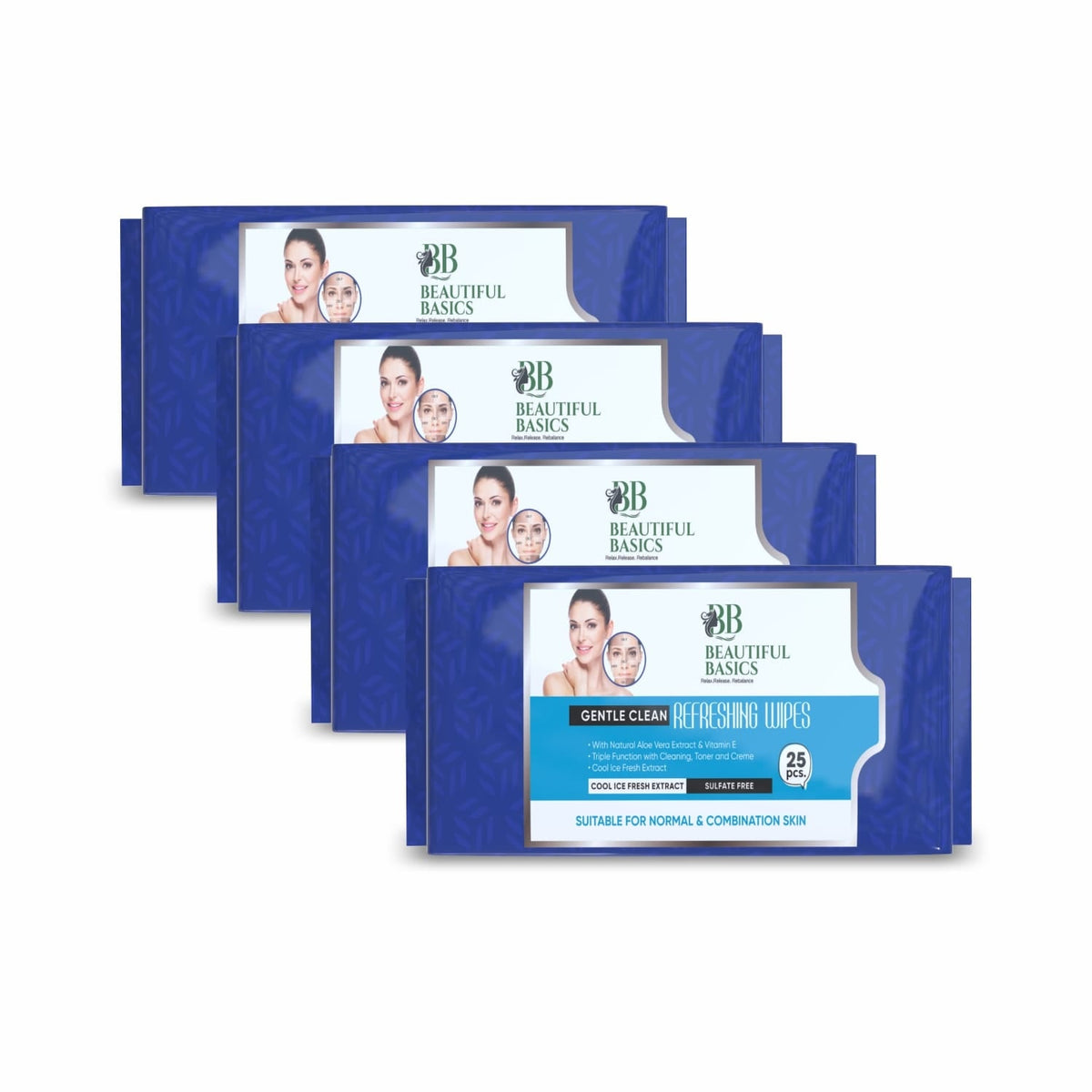 Close-up of the Beautiful Basics Wet Face Wipes packaging, highlighting key benefits.
