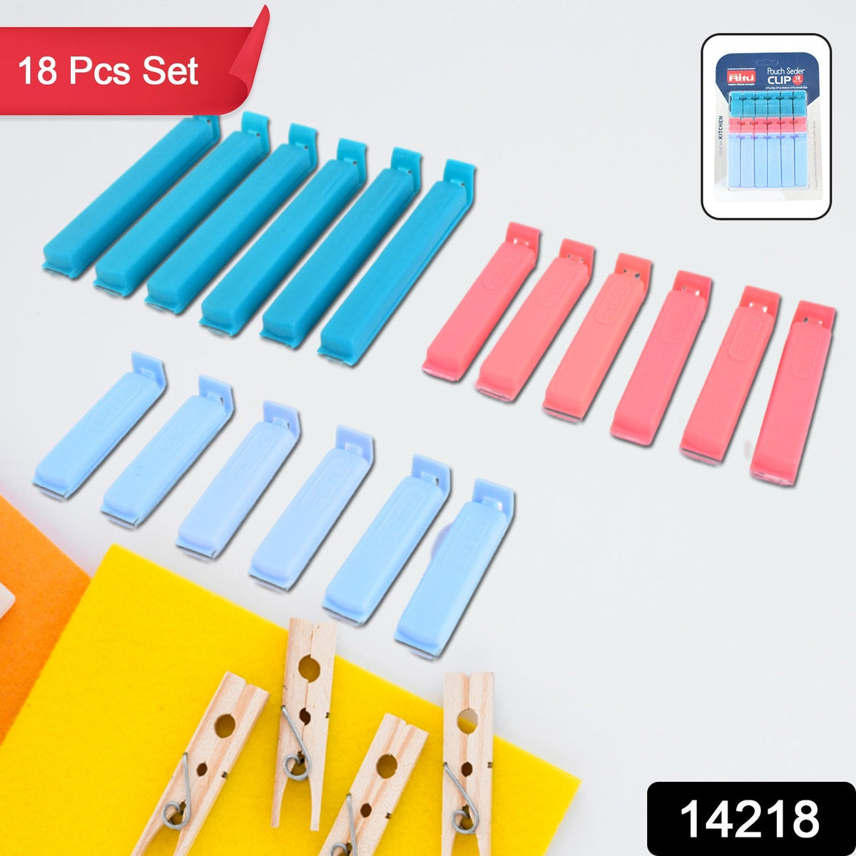 Plastic food bag sealer clips securing a snack bag, demonstrating airtight seal.