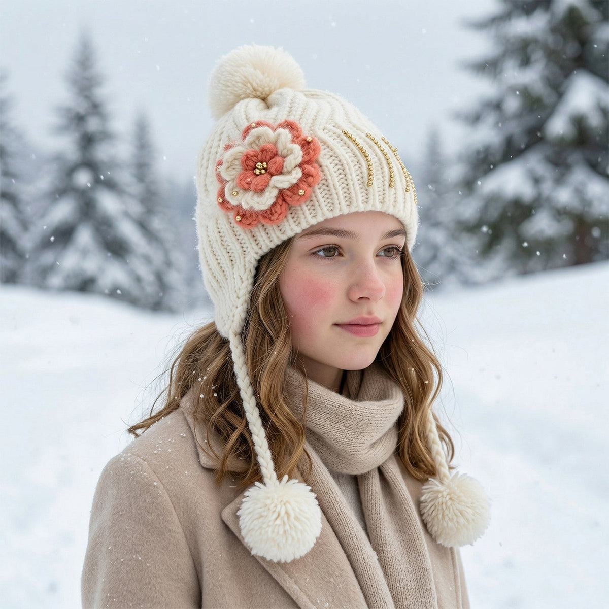 Children's winter cap with ear coverage and playful pom-pom
