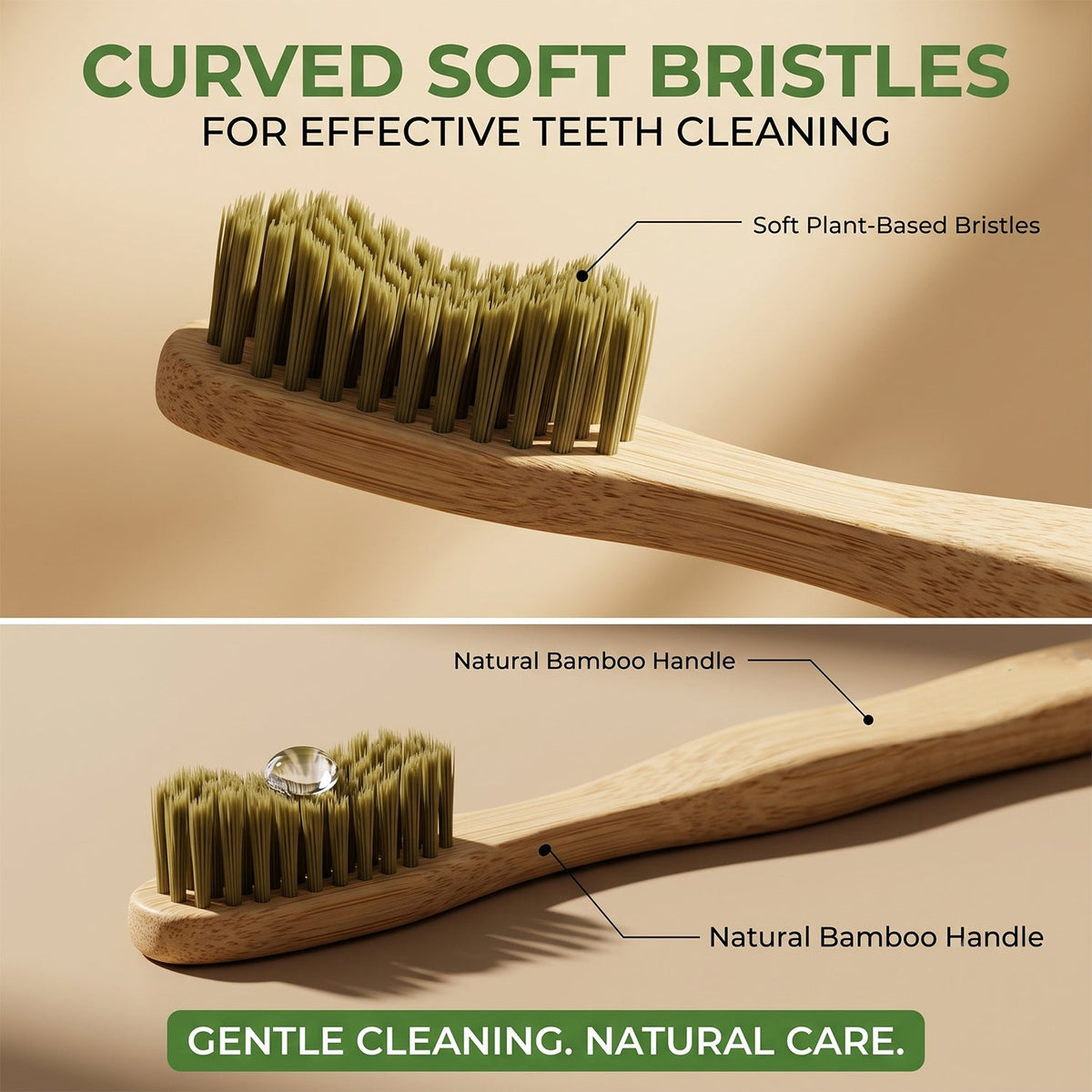 Soft Bristle Bamboo Toothbrush, Eco-Friendly Wooden Toothbrush with Green Bristles (1 Pc)