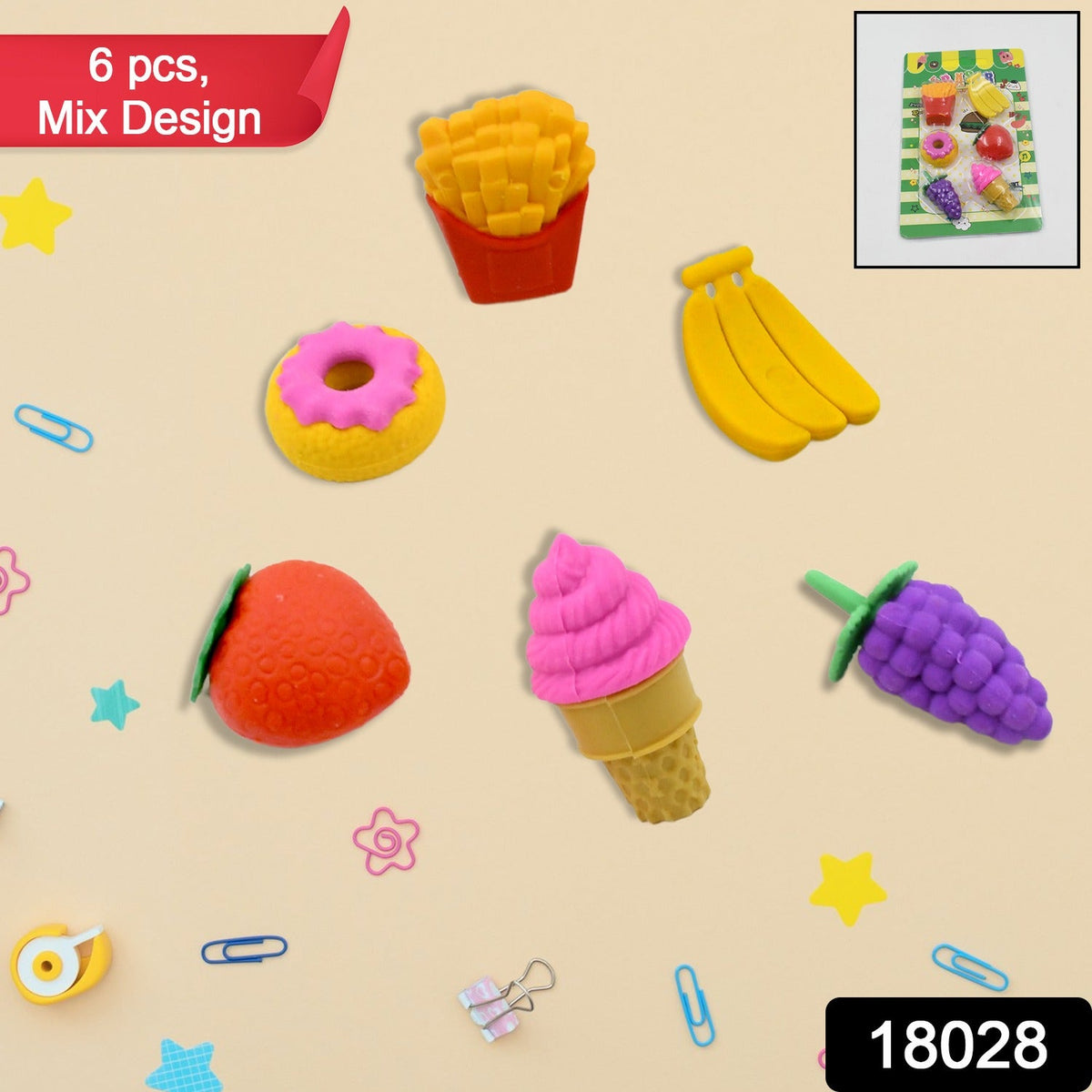 Close-up of a colorful assortment of 3D dessert erasers for kids' stationery.
