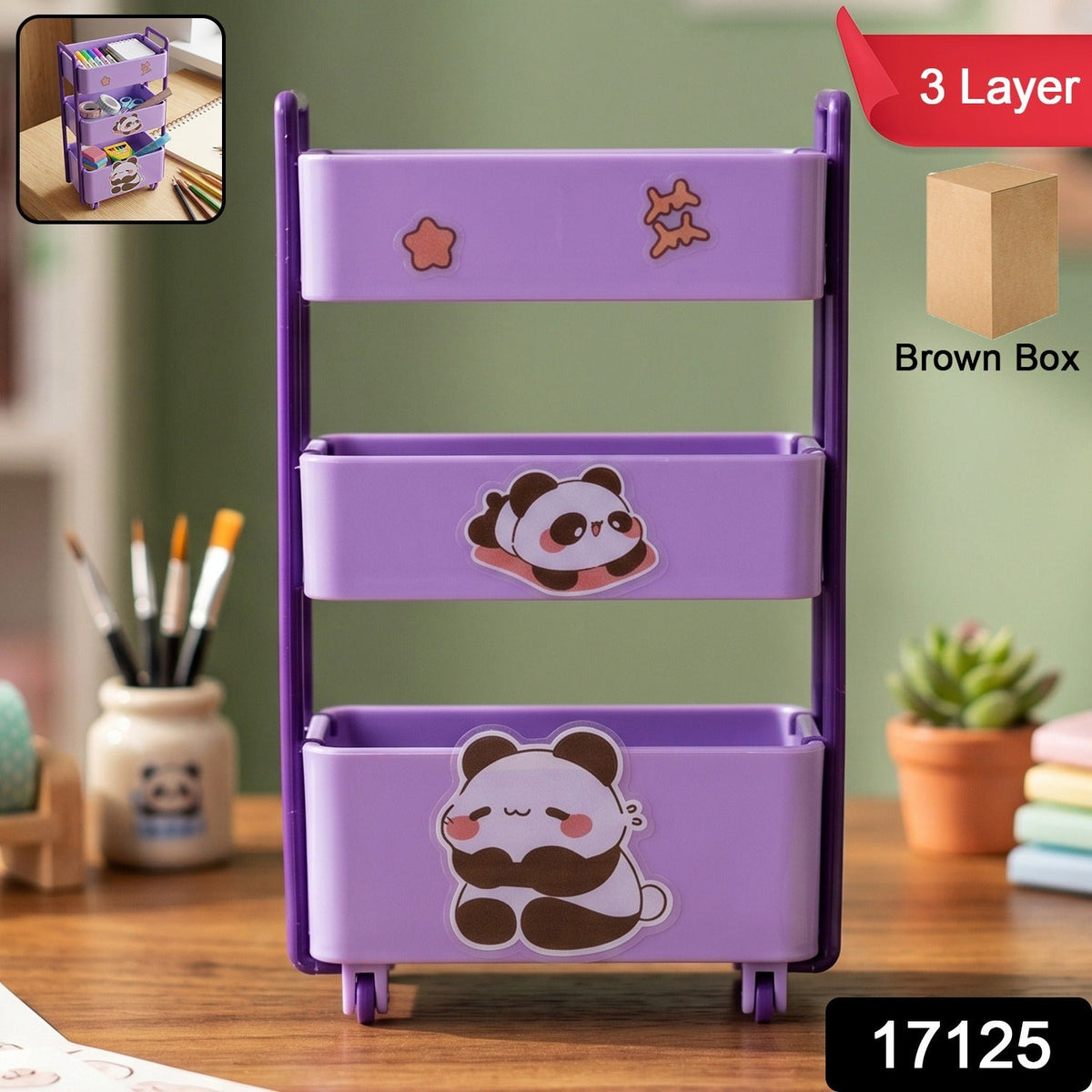 Packaging of the compact purple mini storage trolley showing assembly kit.
