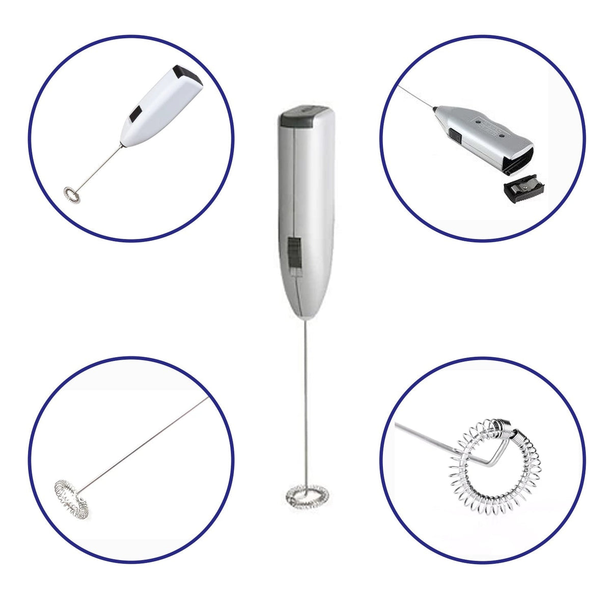 Portable electric milk mixer shown in action, frothing milk.