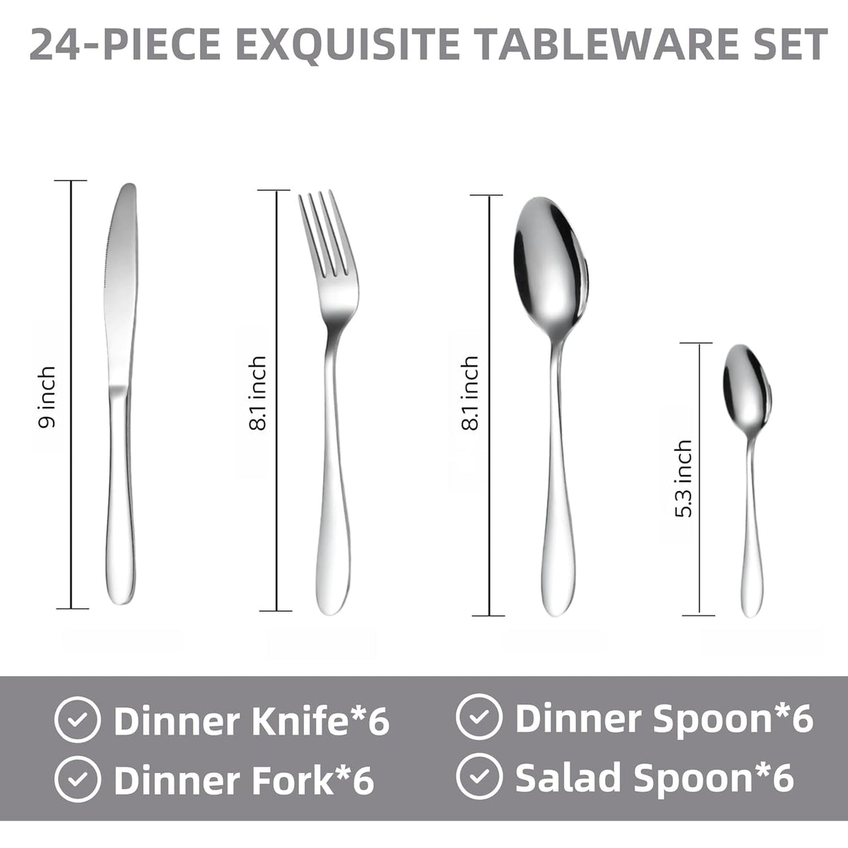 Size comparison chart for 24 Pc stainless steel polished cutlery set