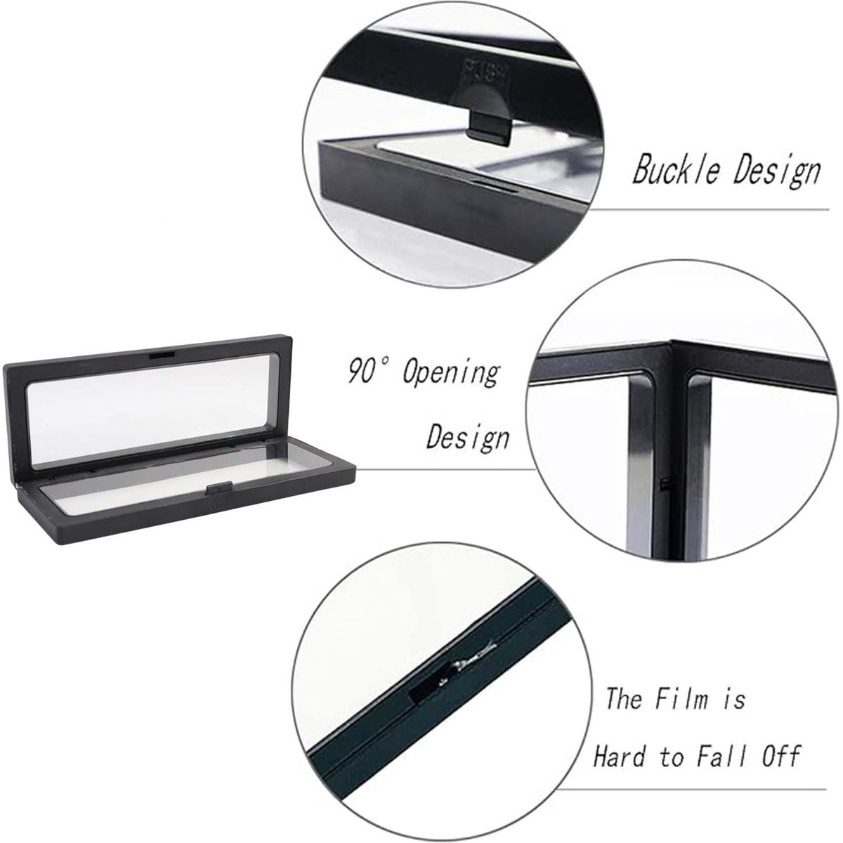 Close-up detail of transparent floating jewelry display box showing clear PET membranes