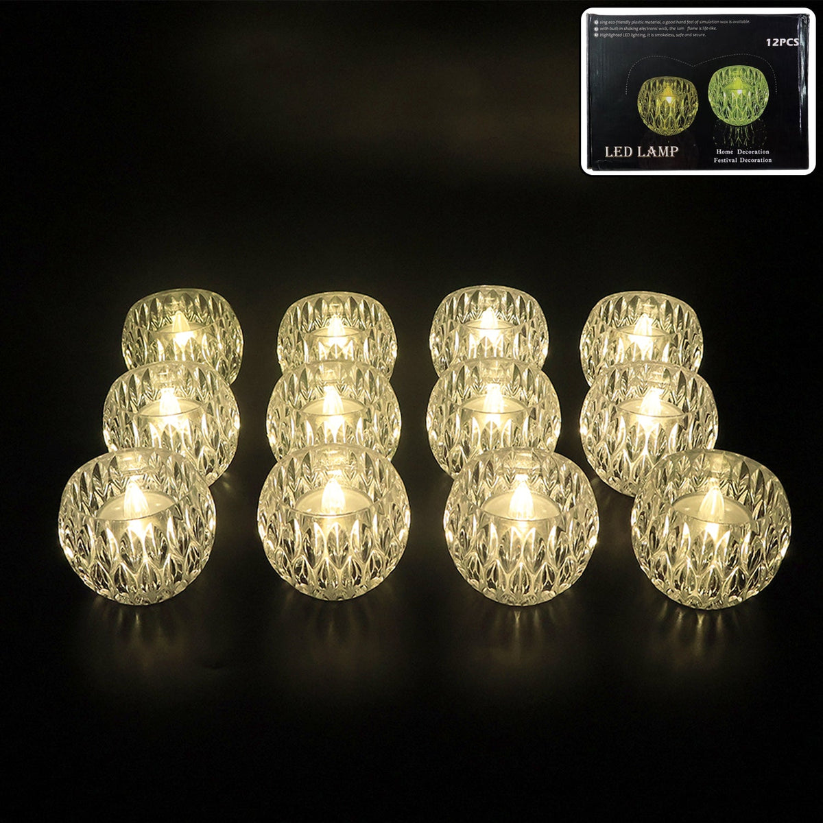 Set of 12 crystal style LED decorative lamps with warm yellow glow