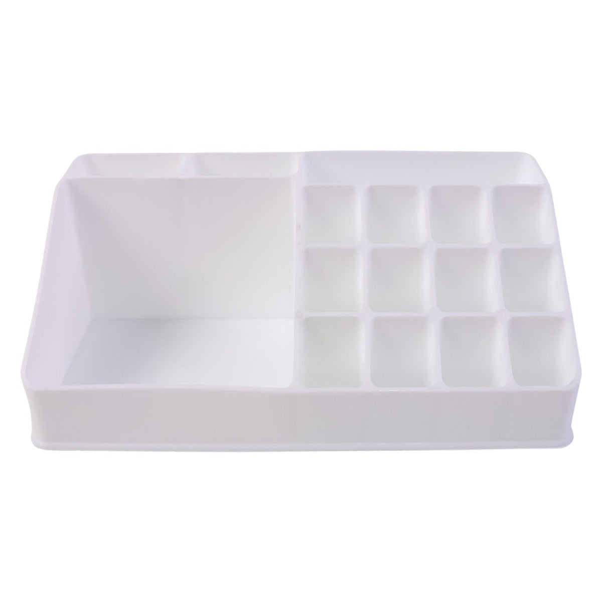 Pull-out drawer of the clear makeup organiser holding compacts and small items.