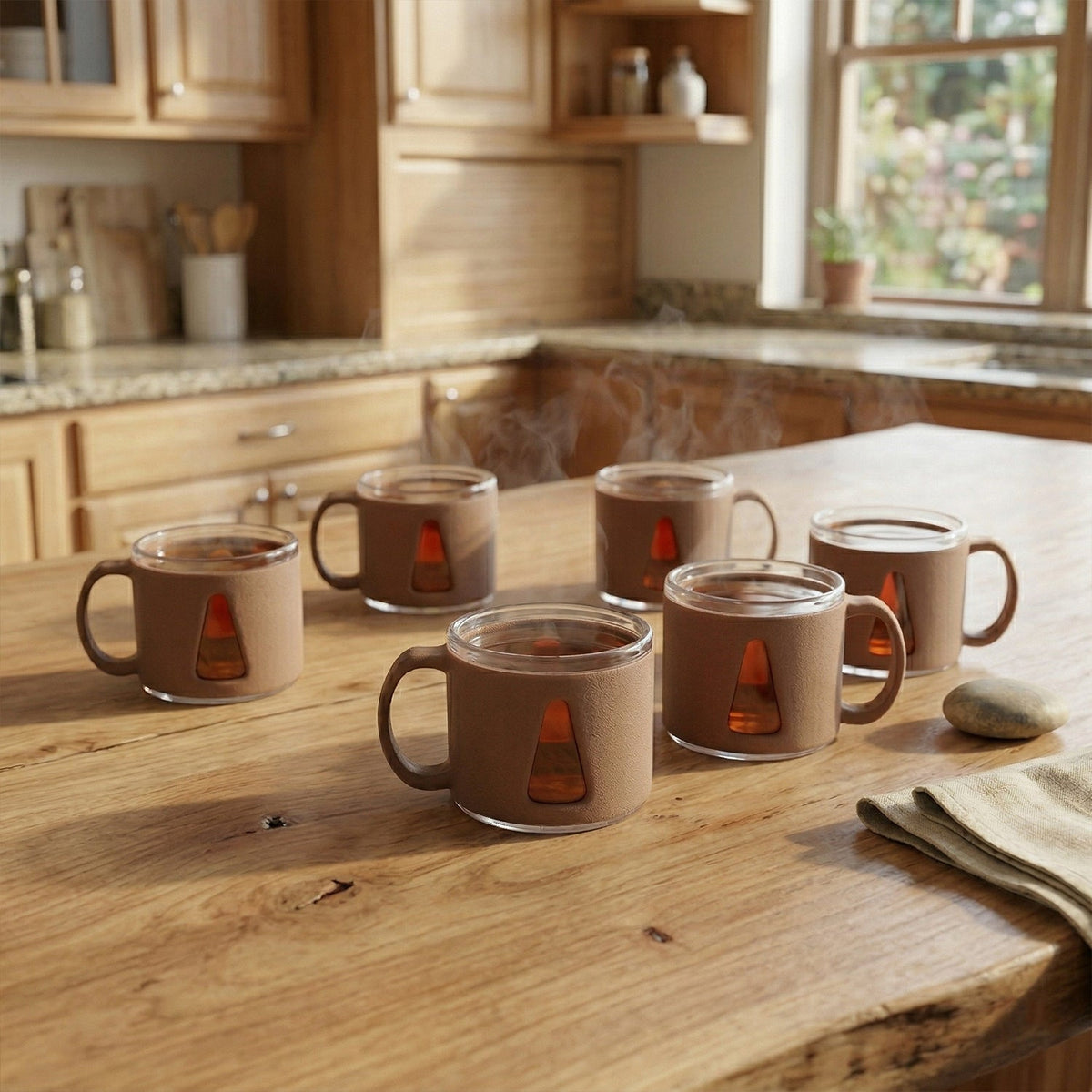 Elegant ceramic tea cup side view, showcasing design and handle