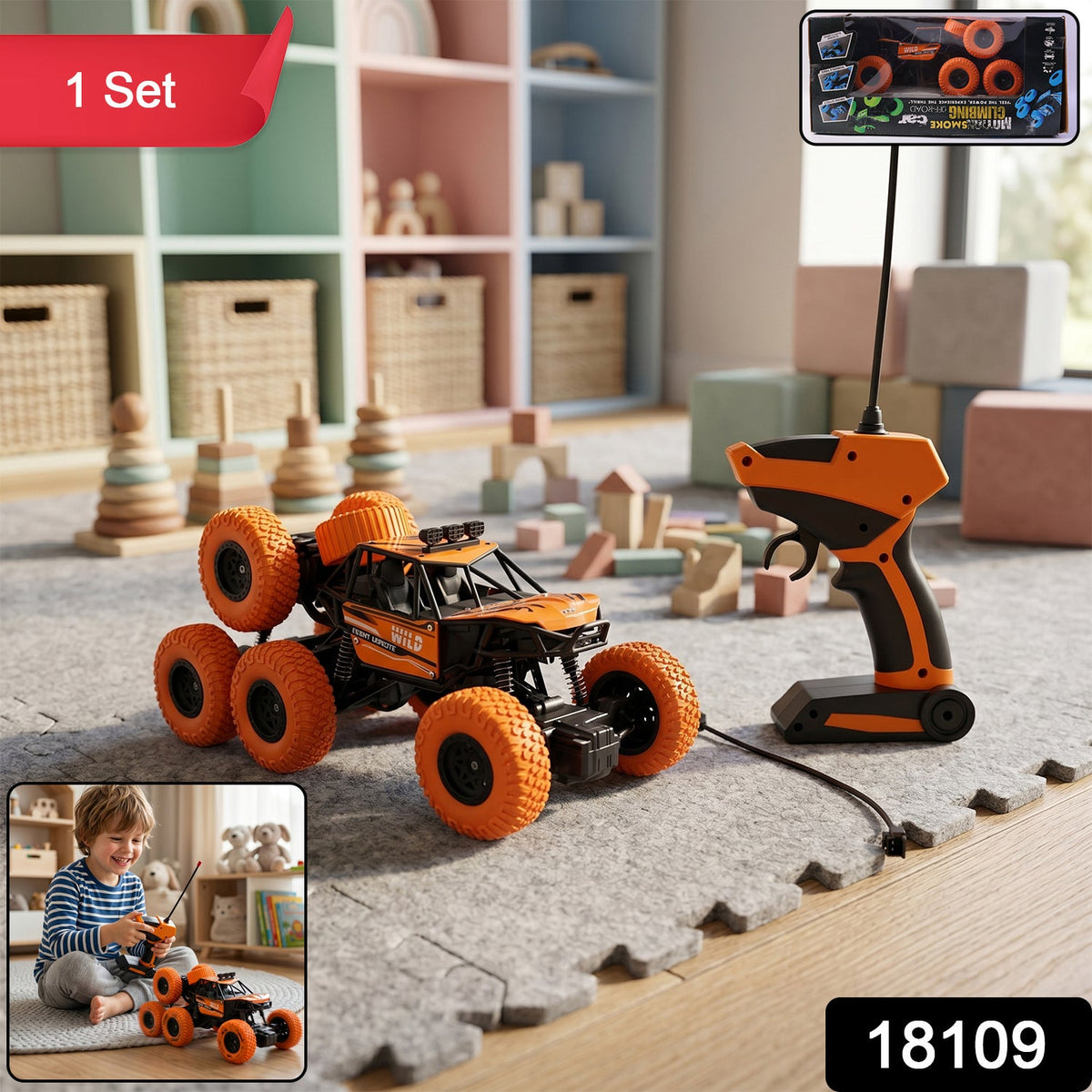 Spark Tots RC Off-Road Car conquering a rocky path, highlighting its all-terrain capabilities.
