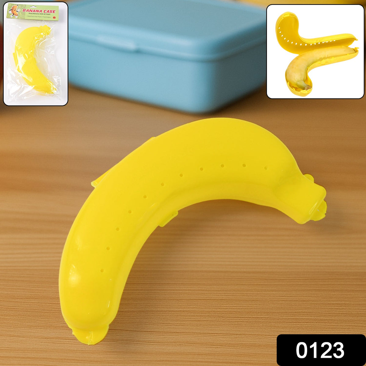 Open banana protector case with a ripe banana inside, demonstrating fit.