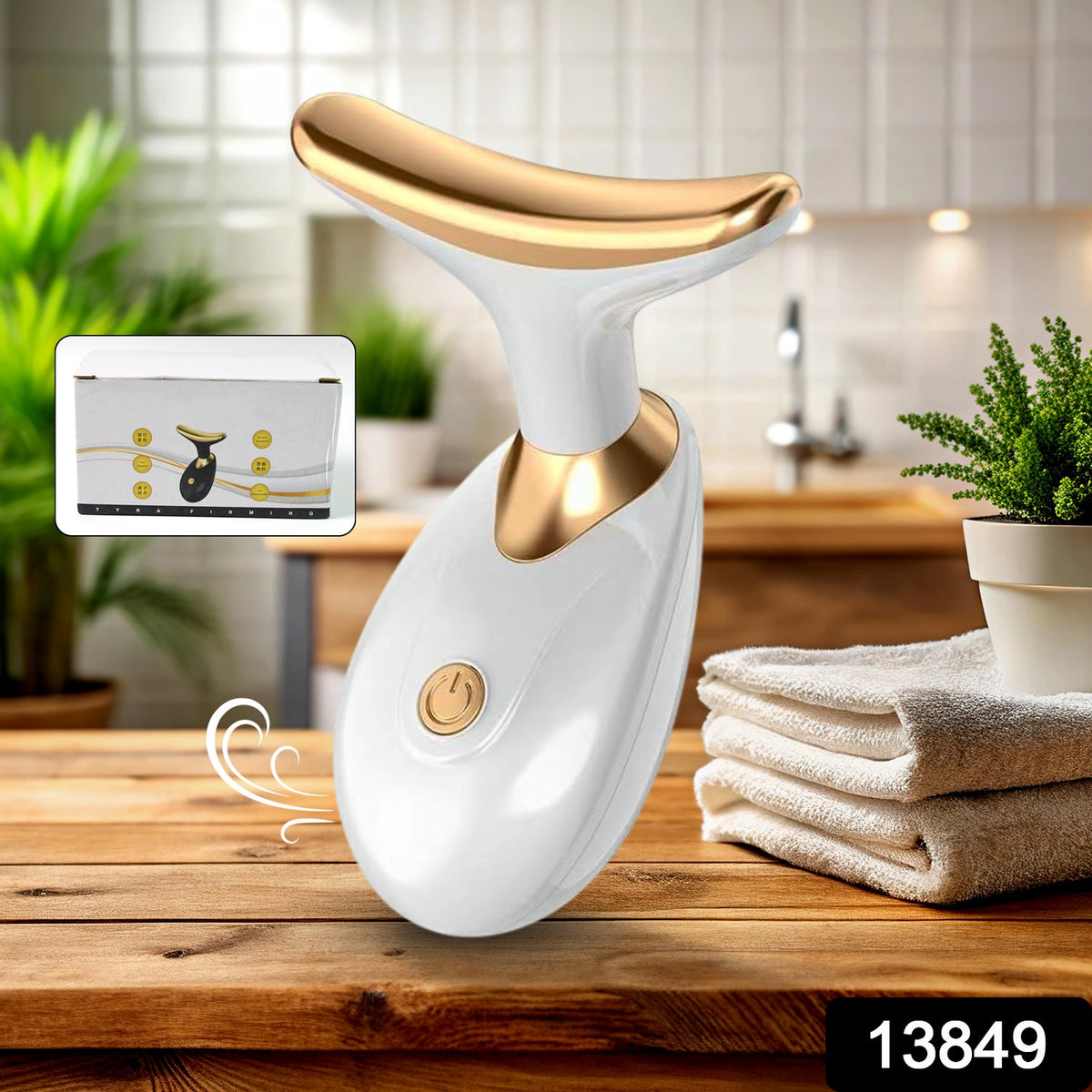 Woman using the rechargeable Neck Face Massager on her neck for wrinkle reduction.