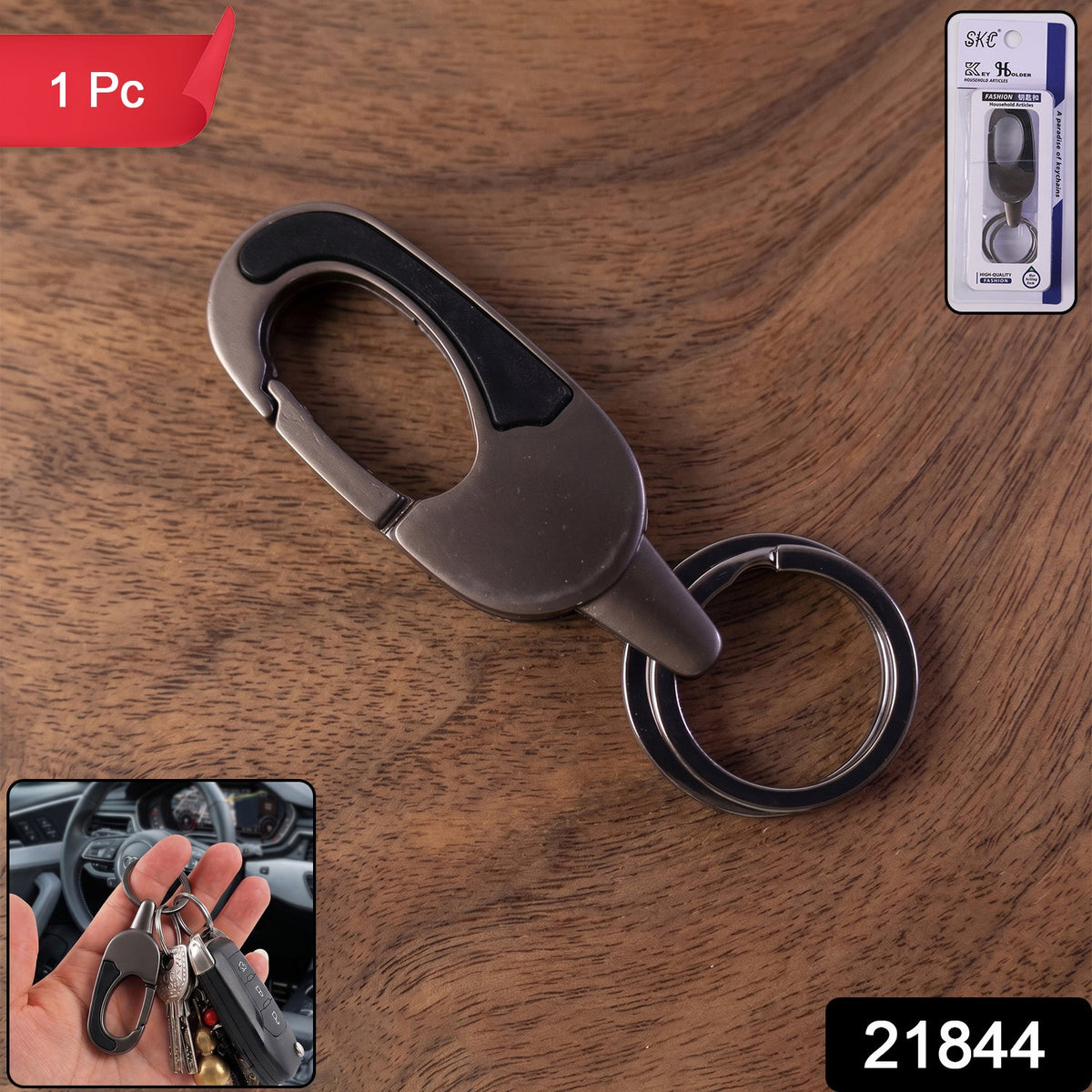 Stylish metal keychain with quick-release mechanism and rotating lock.